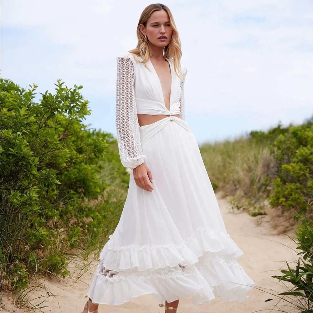 PATBO Plunge Lace Sleeve Maxi Dress in White NWOT - Picture 2 of 11